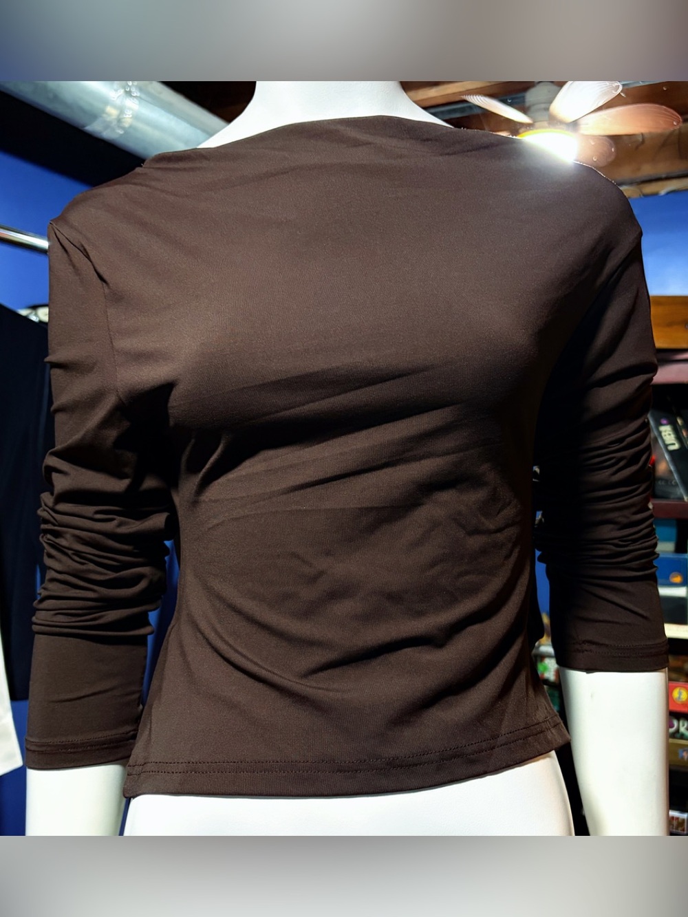 Women’s Brown Long-Sleeve Boatneck Top — Classic Slim Fit